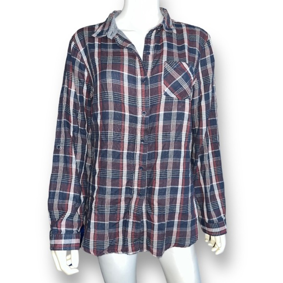 SANDRA Ingrish Red Maroon White Blue Chambray Trim Plaid Flannel Shirt Top XL - Picture 4 of 9